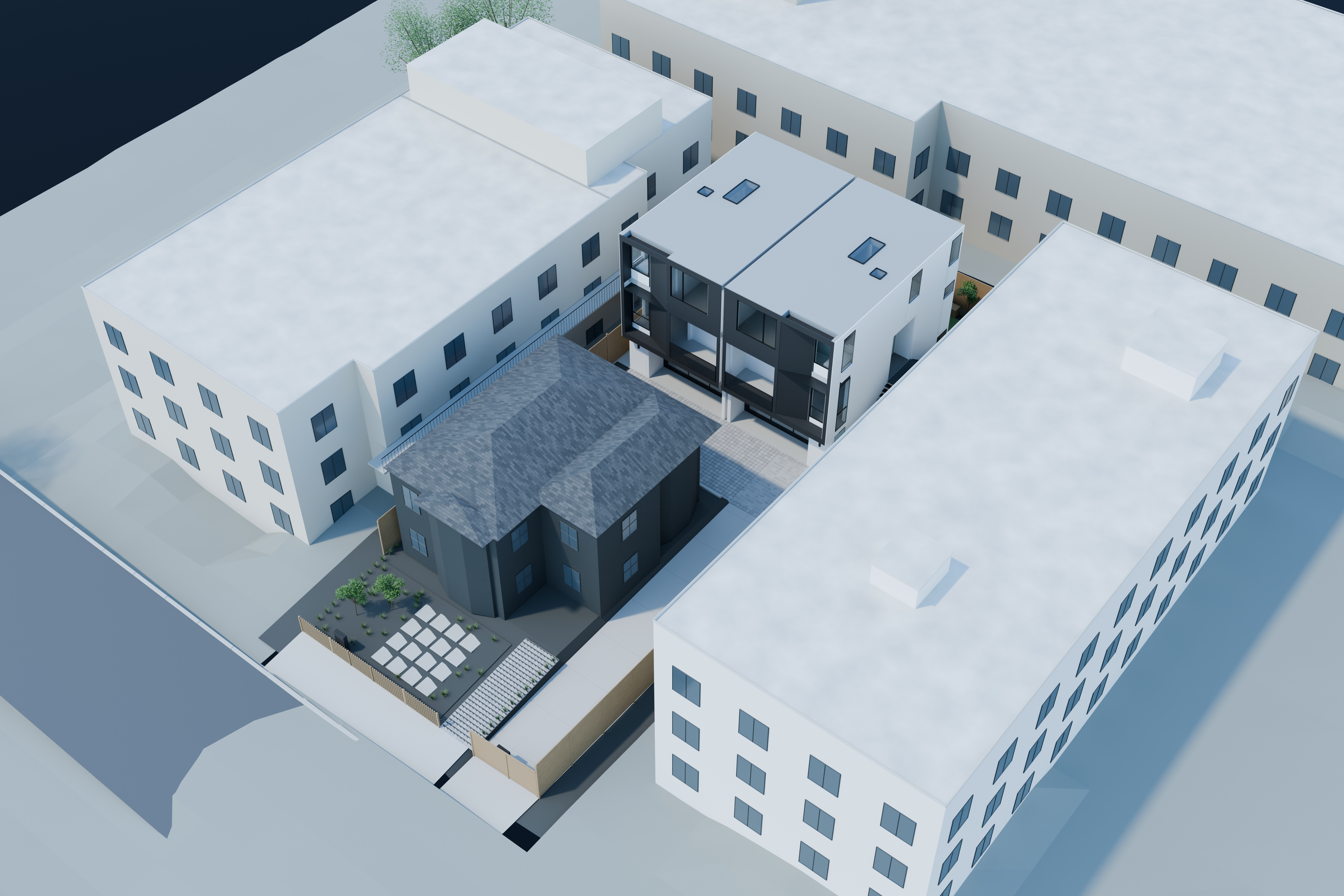 Conceptual aerial rendering of the Monte Vista site and proposed rear residences